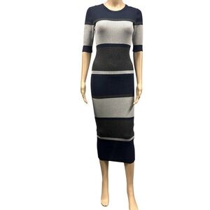 Adpt Ribbed ColorBlock Striped Half Sleeve Crew Neck Form fit Bodycon Dress M